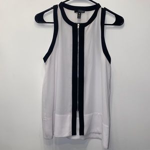 🟣 Aqua Black and White Zip-Up Chiffon-Like Shirt